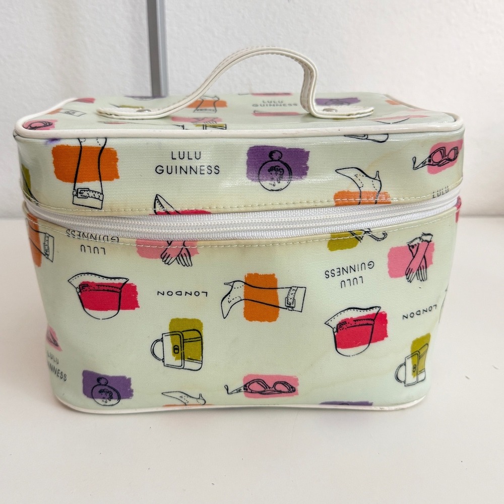 Lulu Guinness London Vanity Case Novelty Fashion Print Makeup Bag Green PVC